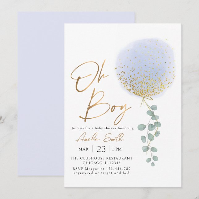 Invitación Oh Boy Blue Balloon Eucalyptus Baby Shower (Anverso / Reverso)