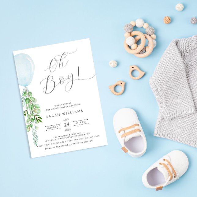 Invitación Oh Boy Blue Balloon Eucalyptus Baby Shower (Subido por el creador)