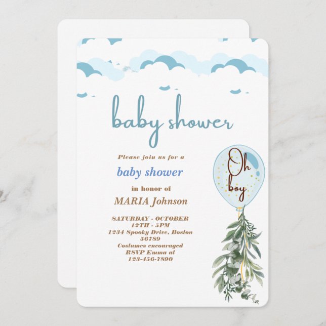 Invitación Oh Boy Blue Balloon Eucalyptus Baby Shower Invita (Anverso / Reverso)