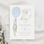 Invitación Oh Boy Blue Balloon Eucalyptus Baby Shower Invitat<br><div class="desc">Invite a amigos y familiares a compartir la alegría de la llegada de su pequeña con esta invitación a la ducha de bebé,  con globo acuático y eucalipto con tipografía dorada.</div>