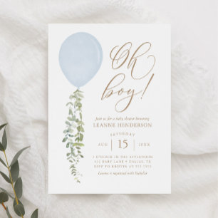 Invitación Oh Boy Blue Balloon Eucalyptus Baby Shower Invitat