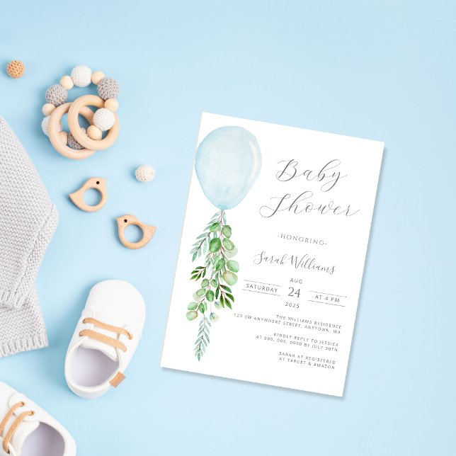 Invitación Oh Boy Blue Balloon Eucalyptus Baby Shower Invitat (Subido por el creador)