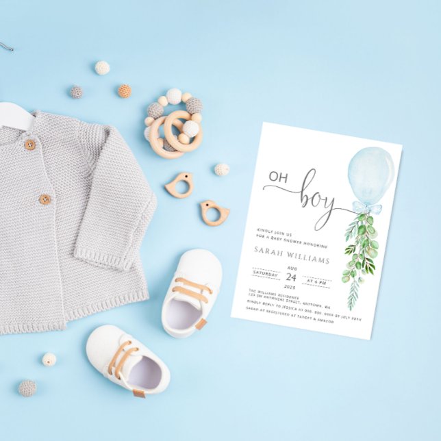 Invitación Oh Boy Blue Balloon Eucalyptus Baby Shower Invitat (Subido por el creador)