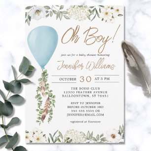 Invitación Oh Boy Blue Balloon Eucalyptus Flowers Baby Shower