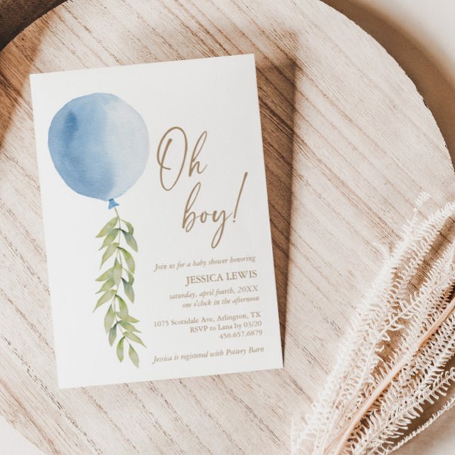 Invitación Oh Boy Blue Balloon Eucalyptus Foliage Baby Shower (Subido por el creador)