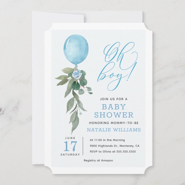 Invitación Oh Boy Blue Balloon Greenery Baby Shower (Anverso)