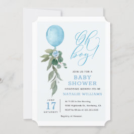 Invitación Oh Boy Blue Balloon Greenery Baby Shower