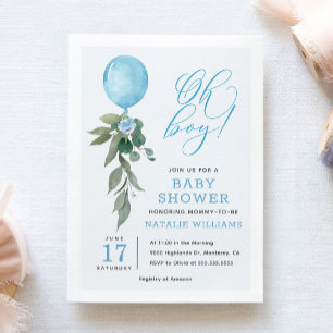 Invitación Oh Boy Blue Balloon Greenery Baby Shower