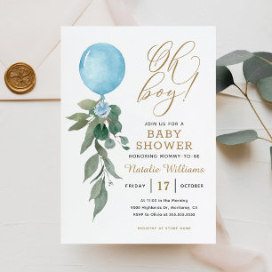Invitación Oh Boy Blue Balloon Greenery Baby Shower
