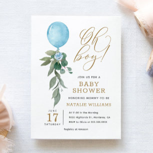 Invitación Oh Boy Blue Balloon Greenery Baby Shower