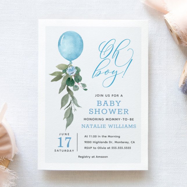 Invitación Oh Boy Blue Balloon Greenery Baby Shower (Subido por el creador)