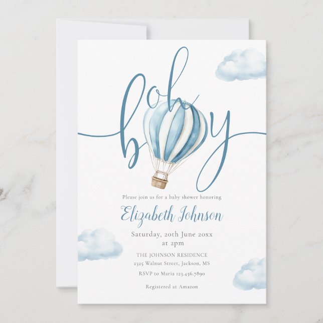 Invitación Oh Boy Blue Balloon QR Code Baby Shower (Anverso)
