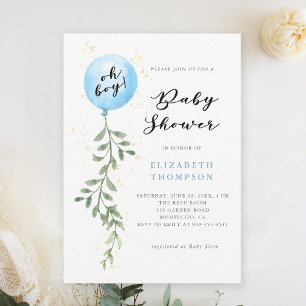 Invitación Oh Boy Blue Balloon Soft Foliage Boy Baby Shower