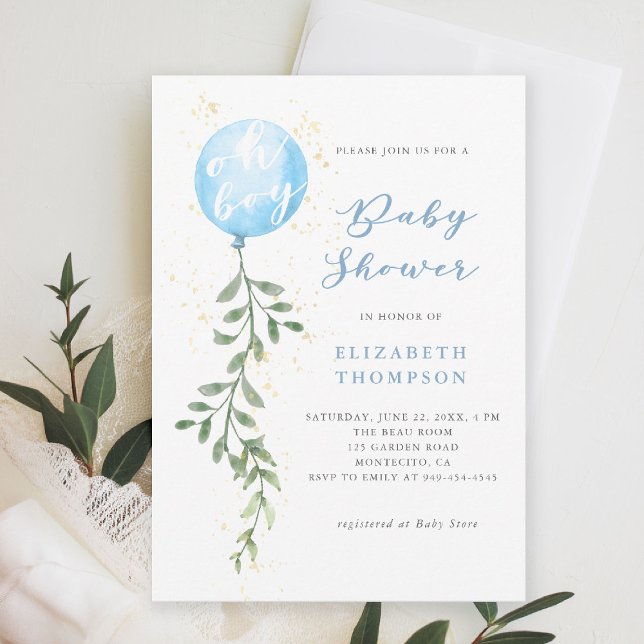 Invitación Oh Boy Blue Balloon Soft Green Boy Baby Shower (boy baby shower invitation blue balloon greenery watercolor modern calligraphy simple elegant)
