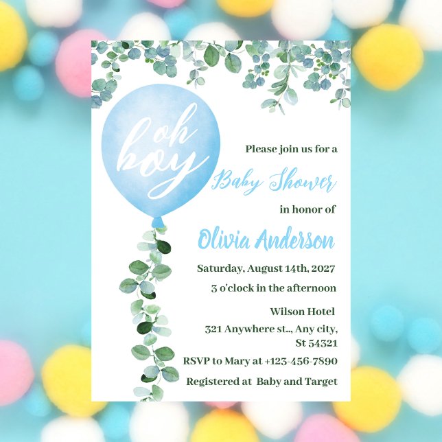 Invitación Oh Boy, Blue Balloon y Green Theme Baby Shower (Subido por el creador)