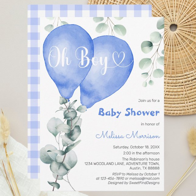 Invitación Oh Boy Blue Balloons Moderno Eucalyptus Baby Showe (Oh Boy Blue Balloons Modern Eucalyptus Baby Shower Invitation)