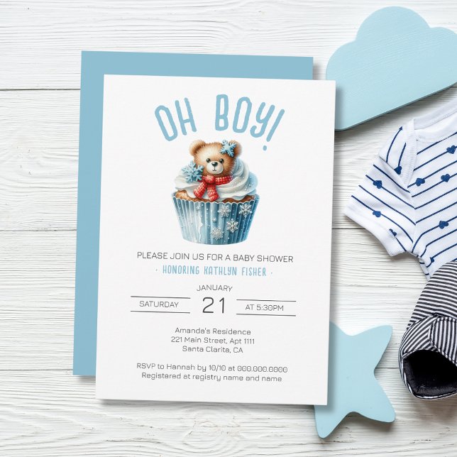 Invitación Oh Boy Blue Bear Animal Baby Shower (Oh Boy Blue Cupcake Bear Baby Shower Invitation)