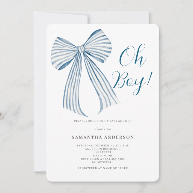 Invitación  Oh Boy Blue Bow Baby Shower (Anverso)