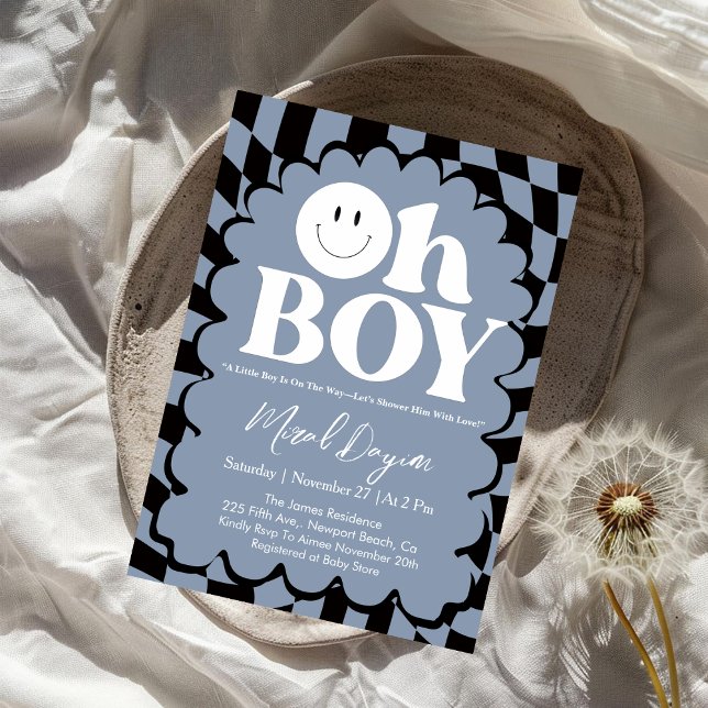 Invitación Oh Boy! Blue Checkered Happy Face Baby Shower (Subido por el creador)