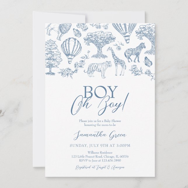 Invitación Oh Boy Blue Chinoiserie Safari Baby Shower (Anverso)