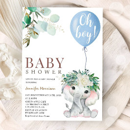 Invitación Oh Boy Blue Elephant Baby Shower 