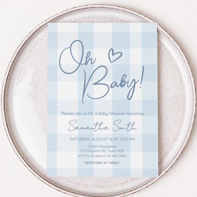 Invitación Oh Boy Blue Gingham Baby Shower ( Blue Gingham Oh Boy Baby Shower Invitation)