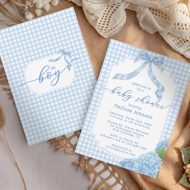 Invitación Oh Boy Blue Gingham Plaid Hydrangea Baby Shower (Subido por el creador)
