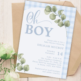 Invitación Oh Boy Blue Gingham y Greenery Baby Shower