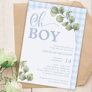 Invitación Oh Boy Blue Gingham y Greenery Baby Shower