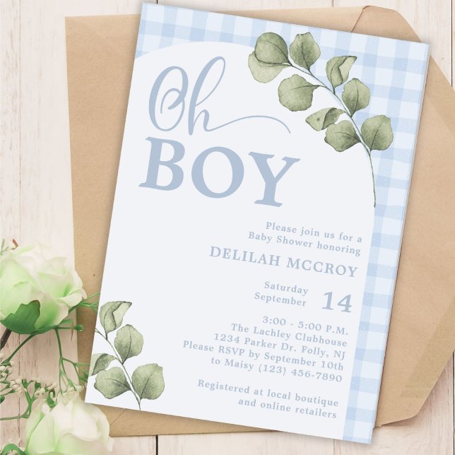 Invitación Oh Boy Blue Gingham y Greenery Baby Shower (Subido por el creador)