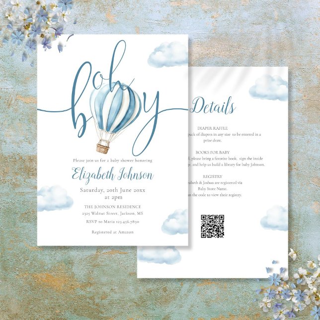 Invitación Oh Boy Blue Globo Aerostático Fiesta de Bebé Todo  (Oh Boy Blue Hot Air Balloon All In One Baby Shower Invitation)