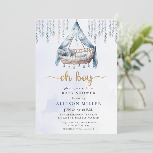 Invitación Oh Boy Blue Gold Crib Boho Boy Baby Shower (Anverso de pie)