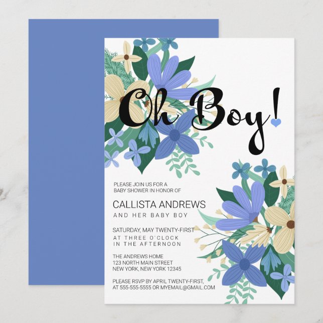 Invitación Oh Boy Blue Ivory Floral Bouquet Baby Shower (Anverso / Reverso)