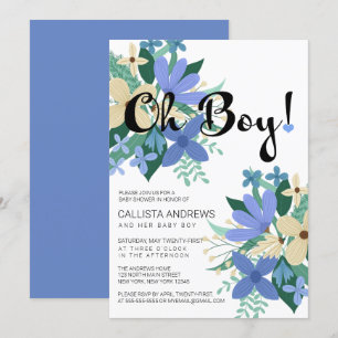 Invitación Oh Boy Blue Ivory Floral Bouquet Baby Shower