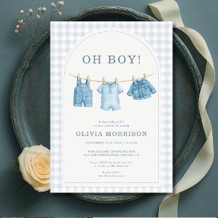 Invitación Oh Boy Blue Jean Denim Clothesline Baby Shower