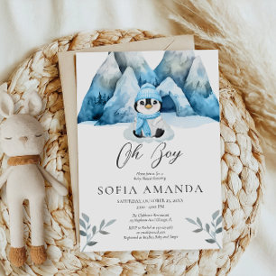 Invitación Oh Boy Blue Penguins Winter Baby Shower
