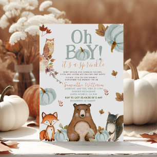 Invitación Oh Boy Blue Pumpkin Woodland Animals Baby Shower
