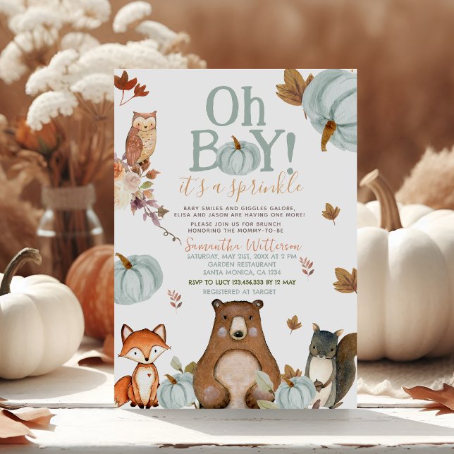 Invitación Oh Boy Blue Pumpkin Woodland Animals Baby Shower (Subido por el creador)