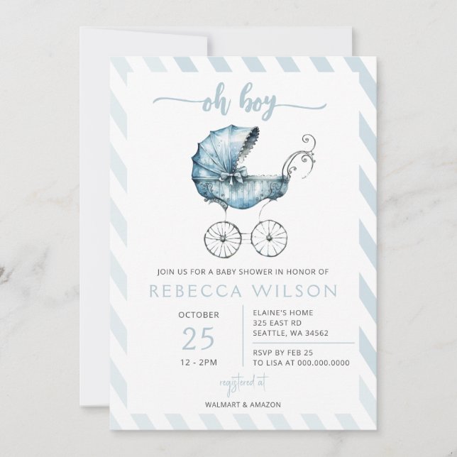 Invitación Oh Boy Blue Stroller Pram Boy Baby Shower (Anverso)