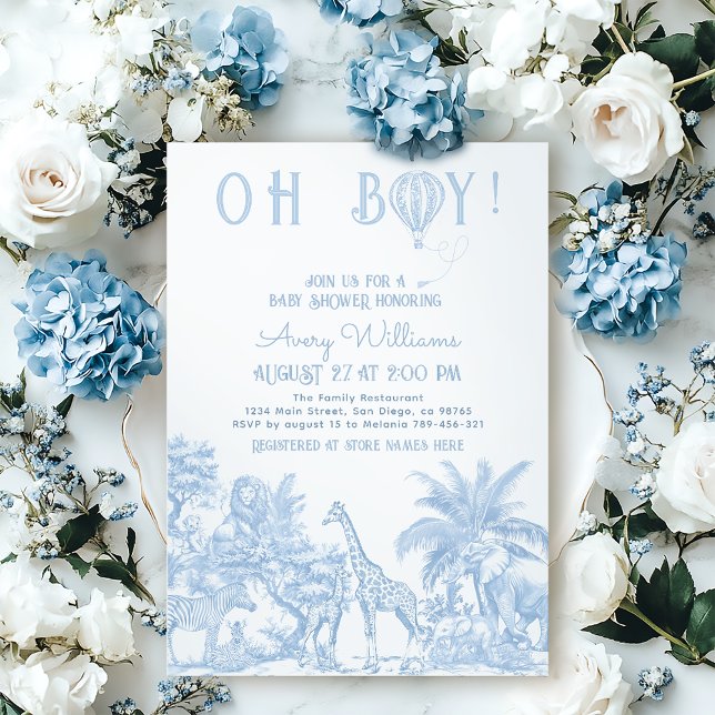 Invitación Oh Boy Blue Toile Safari Animal Baby Shower (Subido por el creador)