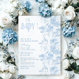 Invitación Oh Boy Blue Toile Safari Animal Baby Shower