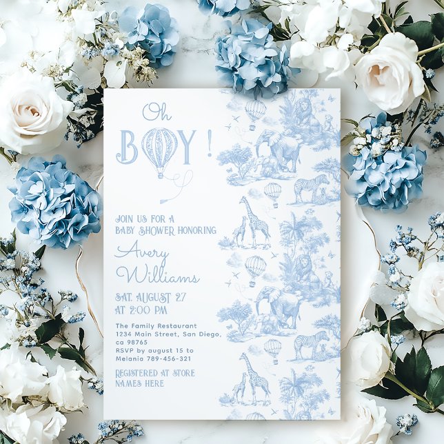 Invitación Oh Boy Blue Toile Safari Animal Baby Shower (Subido por el creador)