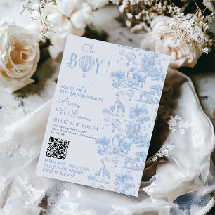 Invitación Oh Boy Blue Toile Safari Animal Baby Shower