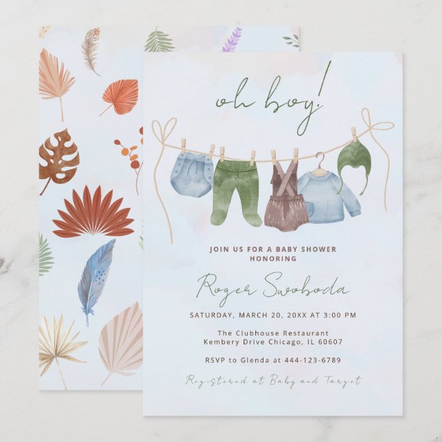Invitación Oh Boy boho acuarela ropa de bebé azul (Anverso / Reverso)