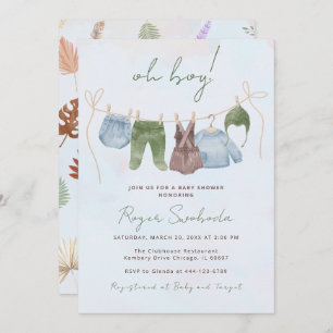 Invitación Oh Boy boho acuarela ropa de bebé azul