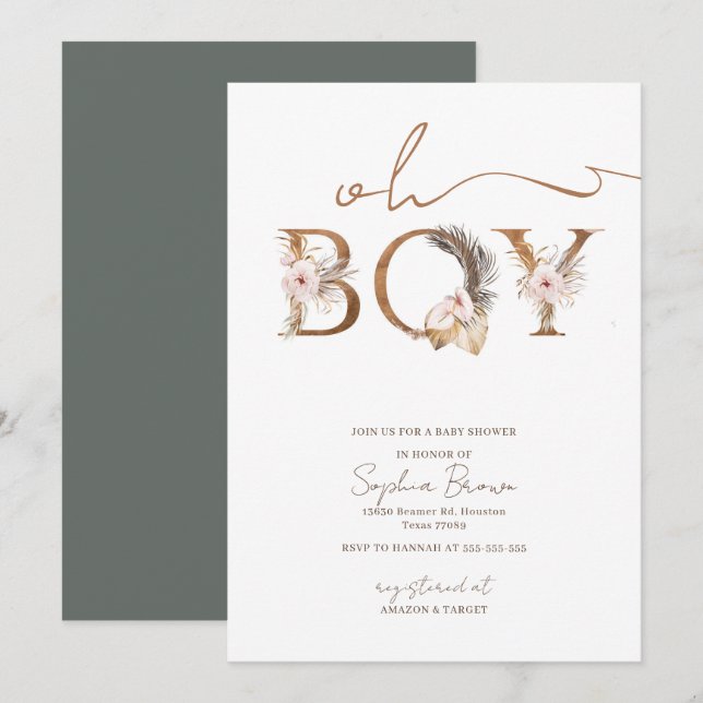 Invitación Oh Boy Boho Tropical Flowys Boy Baby Shower (Anverso / Reverso)