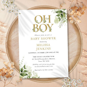 Invitación Oh Boy Botánica Greenery Gold Baby Shower