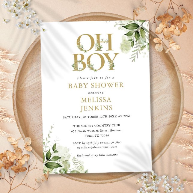 Invitación Oh Boy Botánica Greenery Gold Baby Shower (Oh Boy Botanical Greenery Gold Baby Shower Invitation)