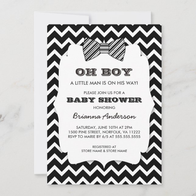 Invitación OH BOY Bow ata ducha de bebé / chevron blanco negr (Anverso)