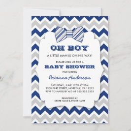 Invitación OH BOY Bow la ducha de bebé / chevron gris marino
